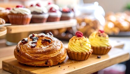 Assorted pastries on wooden display