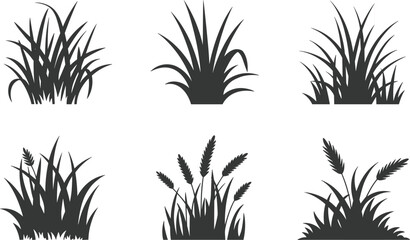 Grass and plant silhouettes, vector botanical icons, lawn clipart set, garden design art, landscaping outline pack, foliage illustration collection, nature graphic set