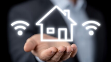 Wireless smart home interface hovering above hand image with digital overlay. Businessman holding house wifi access photography conceptual. Smart living concept photo realistic