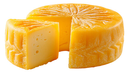 Delicious wheel of cheddar cheese with a slice missing food photography isolated on transparent background