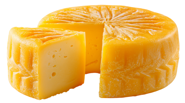 Delicious wheel of cheddar cheese with a slice missing food photography isolated on transparent background