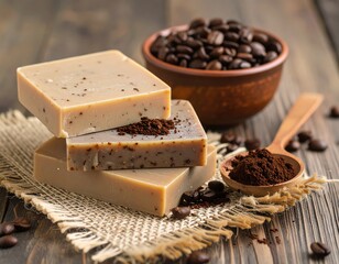 Coffee-infused soap bars with coffee beans and ground coffee.