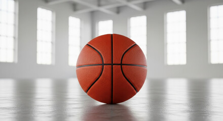 Fototapeta premium Basketball Close Up in Modern White Hall With Large Windows Bright Lighting and Hard Shadows Indoor Sports Equipment Still Life