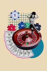 Vertical image art pop trend collage of happy girl sit casino poker table hold chip stack dollar banknotes capital winning