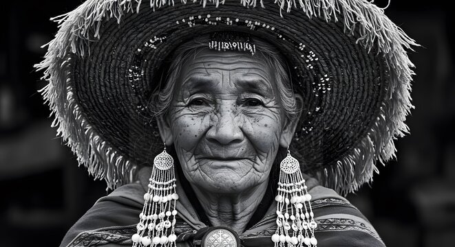 Elderly Woman Wearing Traditional Ethnic Hat and Jewelry in Black and White Portrait