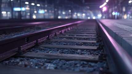 Fototapeta premium Night train tracks at station platform