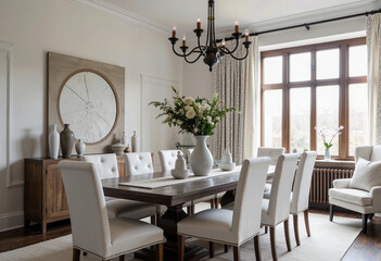 Obraz premium A sophisticated and grand dining room featuring a long wooden table with white tufted chairs, a large statement clock, and an elegant chandelier for classic charm. 