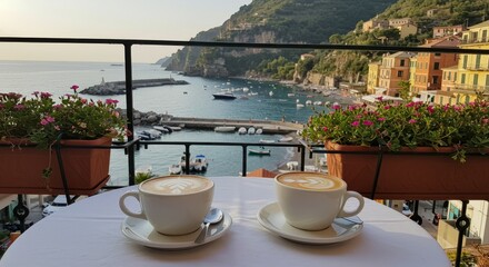 Fototapeta premium Two coffee cups overlooking the Italian harbor in a cafe terrace with sea view
