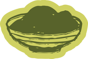 Bowl of matcha powder sticker in a rough, hand drawn style. Doodle illustration of a key green tea ingredient for cafe or recipe designs.