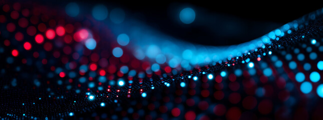 Abstract background with glowing LED lights in blue and red tones, digital dots, and a curved shape in close-up. Cool tones, mysterious atmosphere