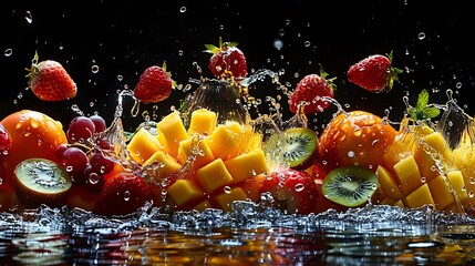 Vibrant fresh fruits splashing into water creating dynamic refreshing movement and energy