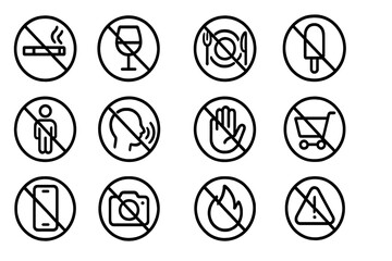 Prohibition signs line icon set. Forbidden symbols collection. No smoking, no food, no alcohol, no phone, no photo camera, no entry. Public place restriction rules vector.