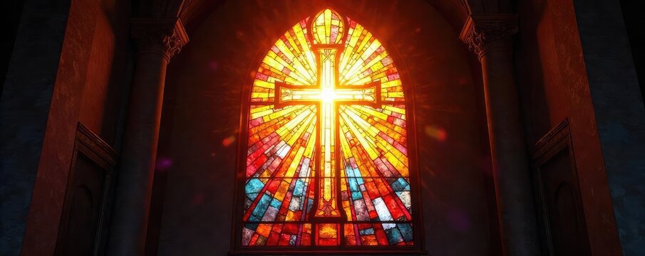 Vibrant stained glass window depicting a radiant cross, bathed in sunlight  Perfect for religious themes, Easter, Lent, or Christian websites ,  spirituality,  blessing,  vibrant