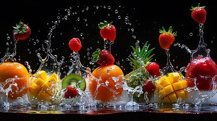 Vibrant fresh fruits splashing into water creating dynamic refreshing motion for healthy lifestyle branding