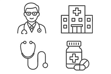 Medical Healthcare Icons Set. Doctor, Hospital Building, Stethoscope, Medicine Bottle and Pills. Linear Thin Line Illustrations for Medical Interface, Card, Poster, Infographic, Digital Health Concept