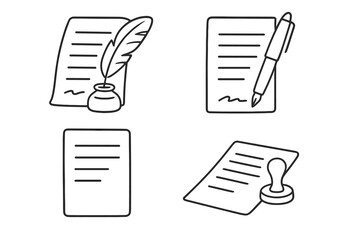 Legal Document Icon Set With Quill Pen Ink Bottle Fountain Pen Stamp Signature Modern Outline Style Editable Stroke Vector Illustration For Contracts Certificates Papers Business Infographics Website