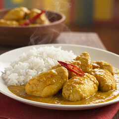 Chicken curry with rice served on white plate with red chili garnish  