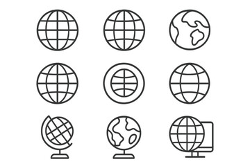 Globe Line Icon Set Minimalistic Editable Stroke World Map Earth Globe Symbols for Apps Web Banners Social Media Cards Navigation Travel Education Designs Vector Illustration