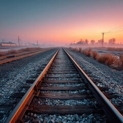 Fototapeta premium Railroad tracks at sunrise, mist-filled landscape