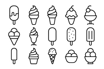 Ice cream line icons set. Popsicle, soft serve, sundae, cone, bowl, dessert symbols. Thin outline editable stroke vector. Minimalist collection for web, books, apps, cards, transparent background