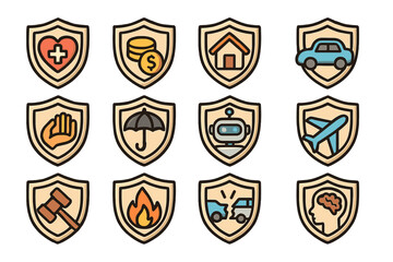 Insurance Icon Bundle Vector Set. Cartoon Shield Symbols for Health, Money, Home, Car, Travel, Accident, Fire, Law, Robotics, Mental Health, Protection, Security. Graphic Resources for Apps and Web