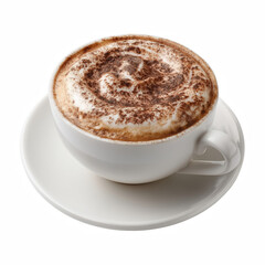 Hot cappuccino with milk foam and cocoa powder in white ceramic cup isolated on transparent background