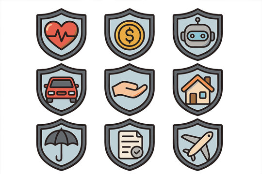 Insurance protection icon bundle. Vector cartoon shields with health, car, money, travel, home, document, technology, liability, umbrella, hand, artificial intelligence. Concept insurance icons.