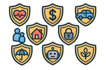 Insurance Protection Line Icon Set. Shield Badge Vector Icons for Health, Finance, Car, Home, Family, Security, Technology, Agriculture, Umbrella Coverage. Cartoon Outline, Transparent Background