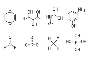 Set of chemical compound structures. Organic chemistry molecular formulas. Science and education vector icon collection. Benzene ring, acid, alcohol, amine group illustration.