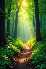 Obraz premium Sun-dappled forest path winding through lush greenery, sunlight filtering through leaves, creating a magical atmosphere Perfect for nature, travel, and adventure themes , forest, sunlight