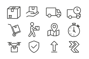 Shipping and delivery outline icon set. Logistics, fast package transport, order tracking, secure courier service pictograms. Minimal vector symbols for web, mobile app UI/UX.