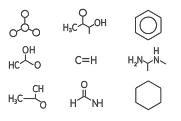 Chemistry icon set. Skeletal formulas and organic chemical compound structures. Science and education concept. Benzene ring and molecule line art vector illustration collection.