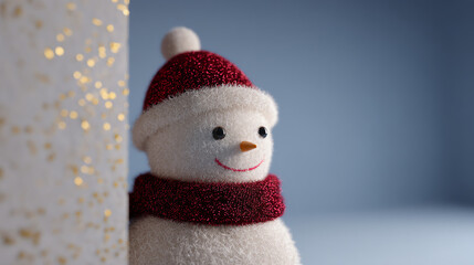 A cheerful snowman wearing a red knit hat and matching scarf, smiling against a soft blue background with golden bokeh lights on the side
