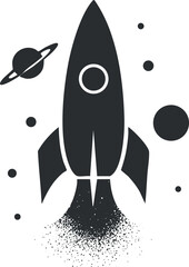 A stylized black and white rocket soaring through space surrounded by planets and stars.