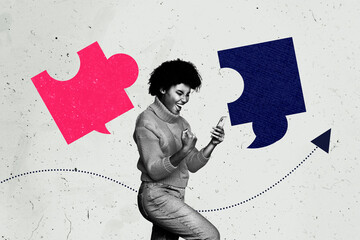 Exclusive zine art pop trend collage of excited businesswoman freelancer hold phone puzzle match piece arrow development