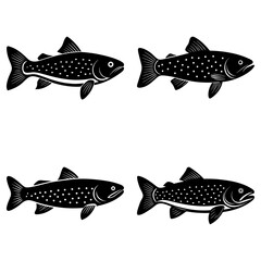 Fototapeta premium Illustration of four identical black fish with white spots arranged in a square pattern on white background