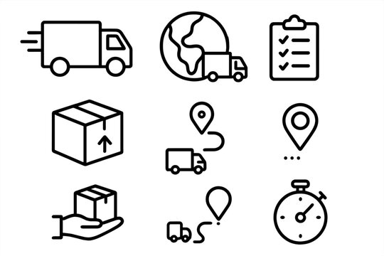 Delivery and logistics line icon set. Transport and shipping vector symbols. Fast worldwide delivery, package tracking, order management, truck, globe, location pin signs.