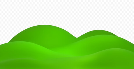 3d green grass hill vector on transparent background. Cartoon lawn with mountain. Nature render illustration.