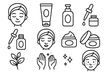 Skincare routine line icon set. Beauty treatment and cosmetology concept. Vector cosmetic products, cream, serum, lotion. Face care, acne, clean skin. Dermatology pictograms.