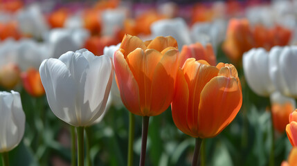 Obraz premium Close-up photo of orange and white tulips with a vivid blue tulip in a field. Bright and realistic