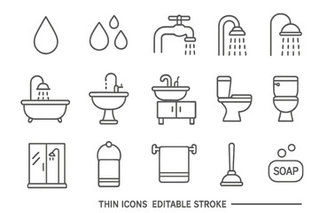 Bathroom and plumbing thin line icon set. Vector symbols for water, shower, toilet, sink, and hygiene. Editable stroke pictogram collection for web design and apps.