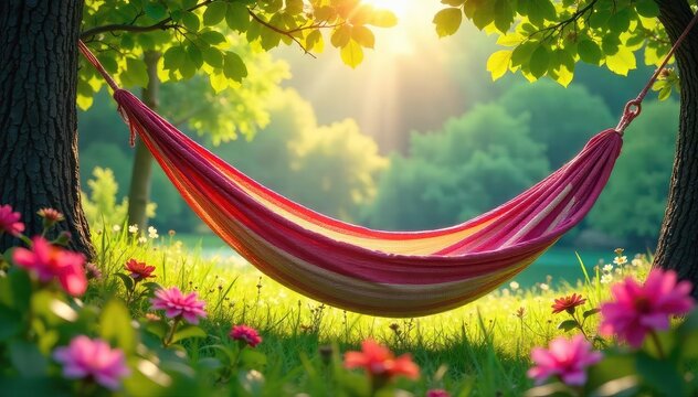 Sun-drenched hammock sways gently in a balmy breeze, surrounded by lush greenery and vibrant flowers Perfect lazy summer afternoon relaxation scene , blue, sun
