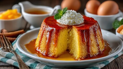 Philippines’ Leche Flan is a smooth, rich caramel custard with a glossy surface, sliced neatly on a plate, drizzled with caramel, indulgent, creamy, and visually appealing dessert.