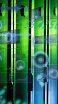 Animation of graph, maps, globes, radar and computer language over data server racks