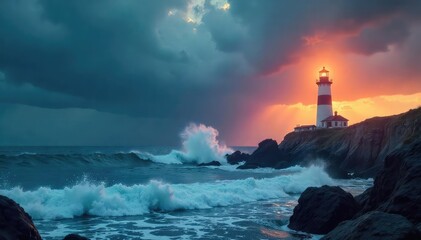 A solitary lighthouse stands tall against a dramatic, stormy sea Waves crash against the rocks below, while the beam cuts through the darkness A beacon of hope in the tempest , hope, seascape