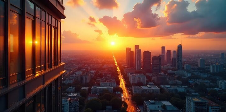 Stunning sunset view from a modern office building, casting a warm golden light across the cityscape Perfect for corporate, real estate, or architectural projects , real estate, skyline