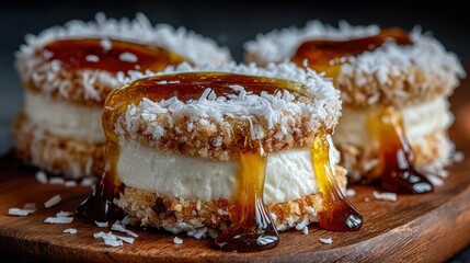 Argentinian Alfajores are delicate round cookies filled with creamy dulce de leche, coated in shredded coconut, stacked on a wooden board, sweet, tender, visually appealing, and indulgent dessert.