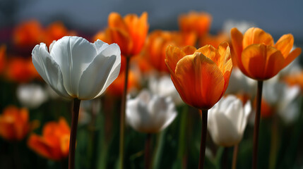 Close-up photo of orange and white tulips in a bright field, with one vivid blue tulip standing out