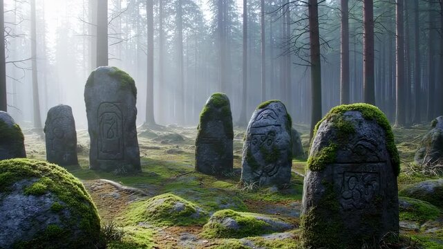 Ancient Rune Stones in Misty Forest  Mystery with History, and Nature.