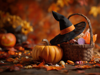 Witch's hat and pumpkins with candy corn and autumn leaves for halloween design and poster